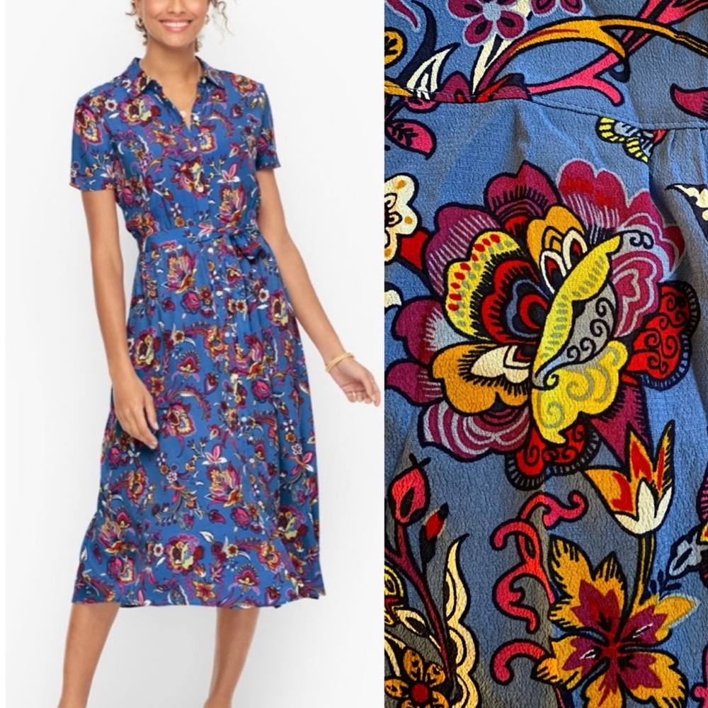 NWT Talbots Button Front Tie Belted Waist Midi Short Sleeve Shirt Dress Floral